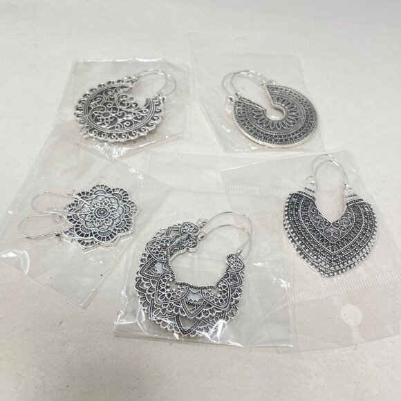 5‎ Pairs Filigree Hoop Earrings Boho Mandala Bollywood Goddess Silver-Tone - Picture 1 of 10